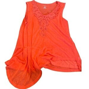 Lane Bryant orange knit sleeveless blouse. A-symmetrical hem line.